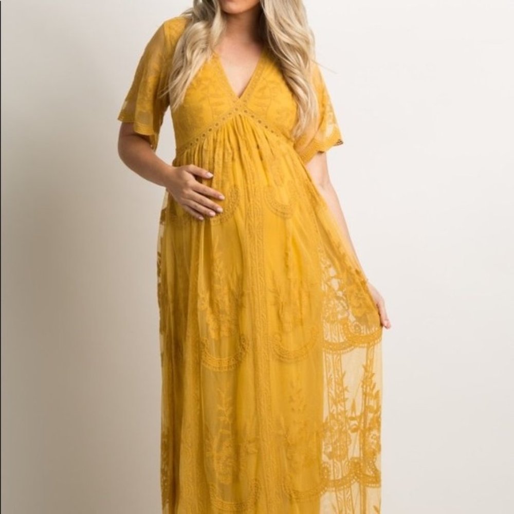 PinkBlush Mustard Lace Mesh Overlay Maxi Dress